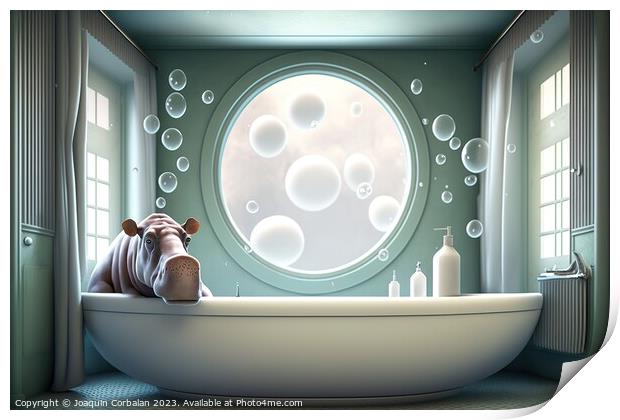 Illustration of a cute hippopotamus taking a bath in a modern ho Print by Joaquin Corbalan