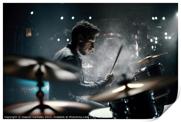 Young music man plays the drums energetically at a concert. ai g Print by Joaquin Corbalan