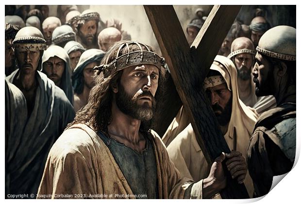 Illustration of the Passion of Christ, carrying the cross and su Print by Joaquin Corbalan