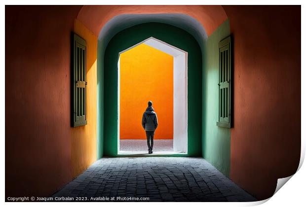 A person, with his back turned, walks among the colorful and ori Print by Joaquin Corbalan