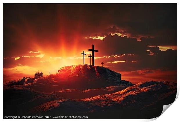 A lone Catholic cross on top of a hill with glowing heavenly ray Print by Joaquin Corbalan