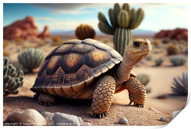 A turtle walks through the desert, an arid landsca Print by Joaquin Corbalan