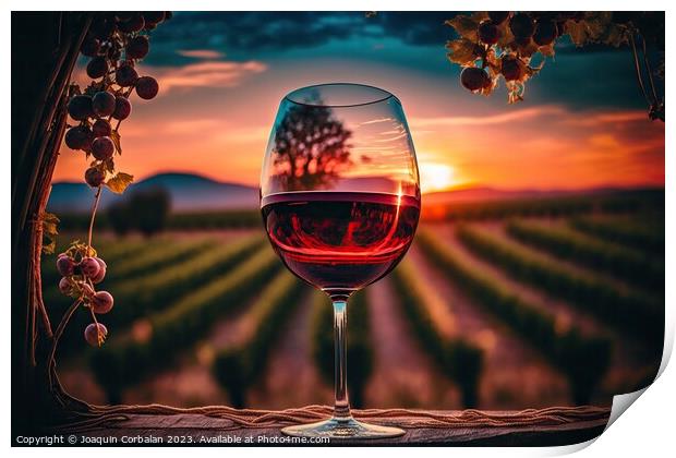 Sunset in the vineyard through a glass of red wine Print by Joaquin Corbalan