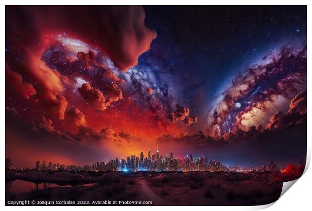 Spectacular night starry sky over a big city, imag Print by Joaquin Corbalan