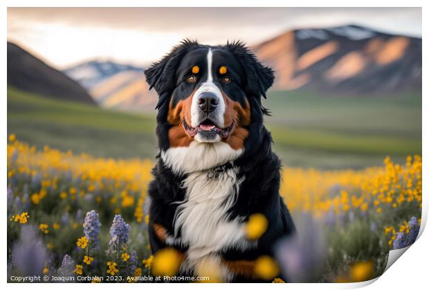 Portrait of a calm dog Bernese in a flowery meadow Print by Joaquin Corbalan