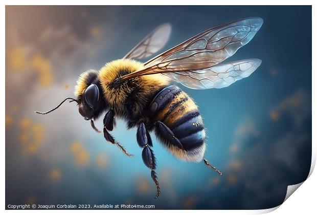 Close-up of a flying bee, blurred and colorful background. Ai ge Print by Joaquin Corbalan