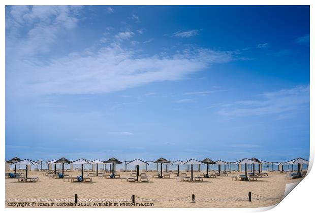 Beach with no one in the Algarve, in spring, with modern umbrell Print by Joaquin Corbalan