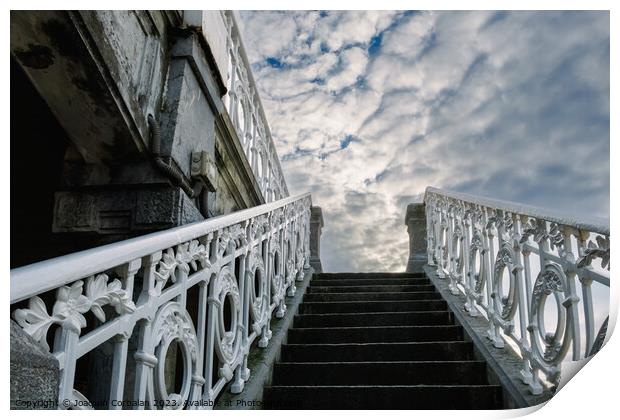 Ancient decorated staircase with beautiful handrails goes up tow Print by Joaquin Corbalan