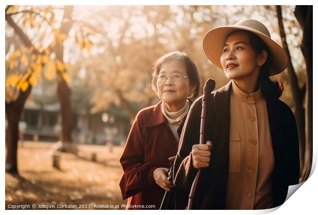 An Asian woman walks with her elderly mother, caring and worryin Print by Joaquin Corbalan