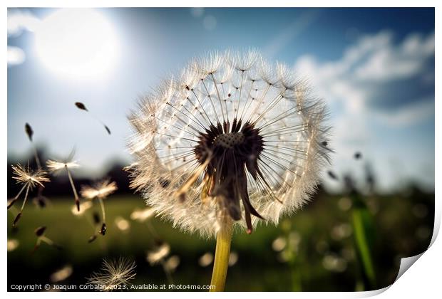 A vibrant yellow dandelion stands tall in a lush green field, sw Print by Joaquin Corbalan