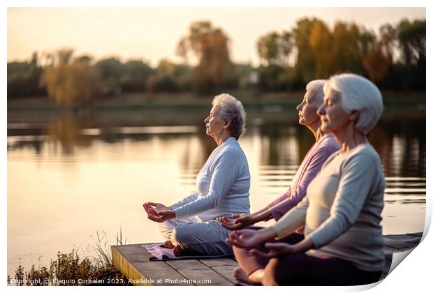 Three graceful senior women enjoy the serenity of nature while p Print by Joaquin Corbalan