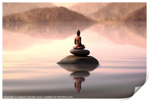 A sculpture with pebbles in a calm lake and a small meditating z Print by Joaquin Corbalan