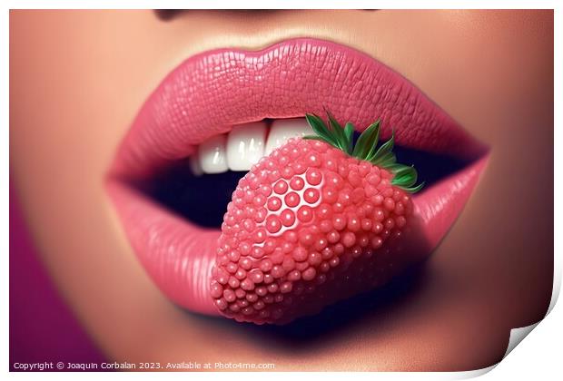 Close-up of a woman's seductive red lips bite a strawberry. Ai g Print by Joaquin Corbalan