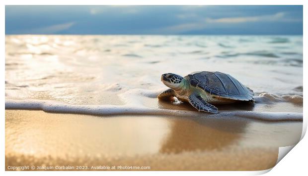 A newly hatched baby turtle clumsily walks along the beach. Ai g Print by Joaquin Corbalan