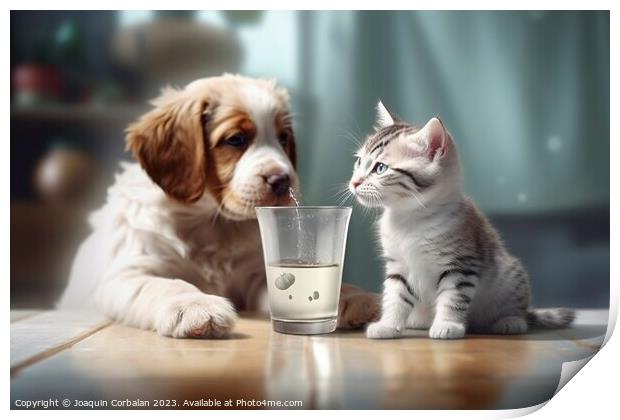 A cat shares its milk with its friend the dog. Ai generated. Print by Joaquin Corbalan