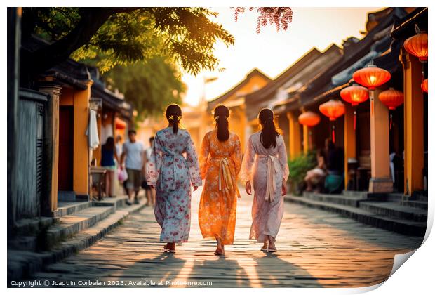 Two young girls in traditional Vietnamese dress walk down a stre Print by Joaquin Corbalan
