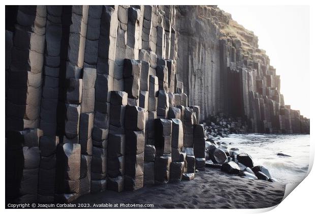 Blocks of black basalt, geometrically shaped rocks on the coast. Print by Joaquin Corbalan