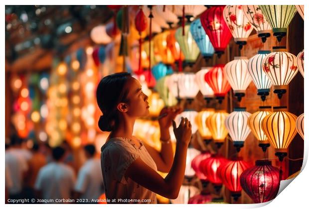 A Vietnamese woman carefully selects and orders beautifully lit  Print by Joaquin Corbalan