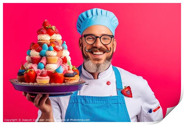 On a vibrant and colorful background, a funny chef proudly displays his freshly prepared and mouthwatering cakes. AI Generated Print by Joaquin Corbalan