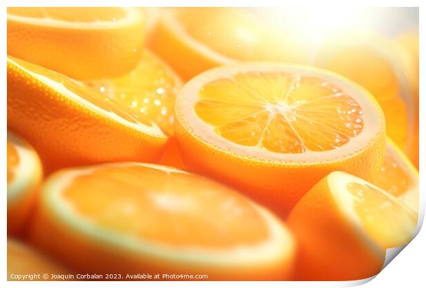 Vitamin C is found in citrus fruits, background of slices of oranges. Ai generated. Print by Joaquin Corbalan