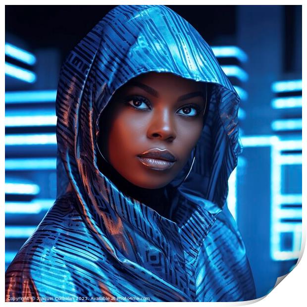Portrait of a black woman wearing futuristic clothes and neon background. Ai generated. Print by Joaquin Corbalan