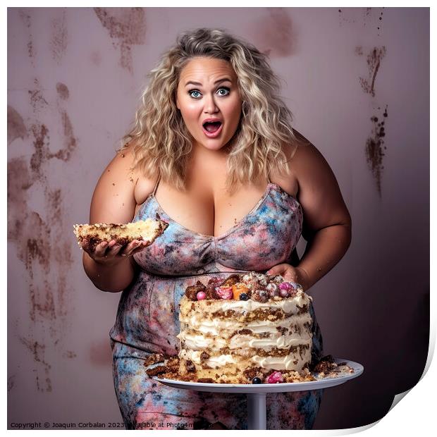 It's hard to resist a sweet cake, but the woman gets fat. Ai gen Print by Joaquin Corbalan