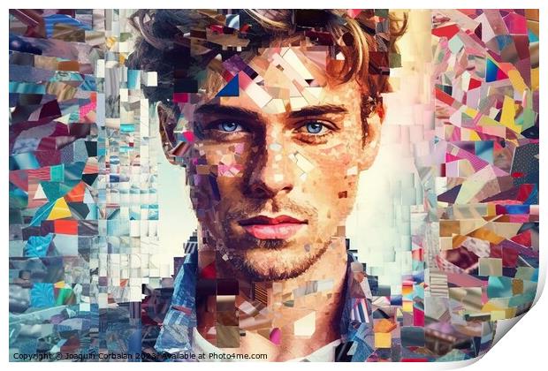 Conceptual portrait , human face is decomposed into colorful pixels. Ai generated. Print by Joaquin Corbalan