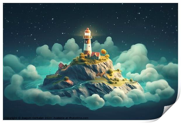 Behold a mystical island, bathed in moonlight, floating amidst a swirling cloud of steam. Ai generated. Print by Joaquin Corbalan