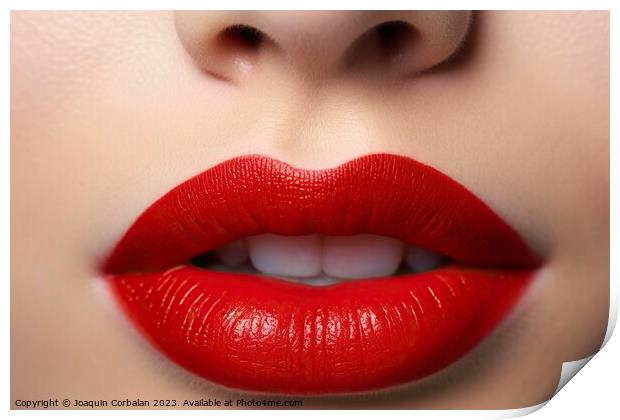 Detail of the red lips of a beautiful woman in a sensual pose. Ai generated. Print by Joaquin Corbalan