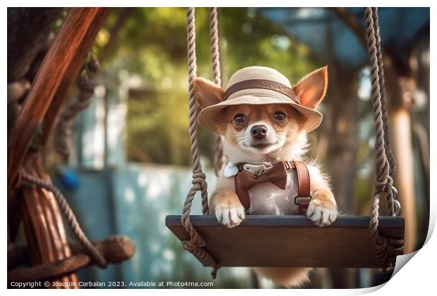 A little dog in clothes and glasses swings funny o Print by Joaquin Corbalan
