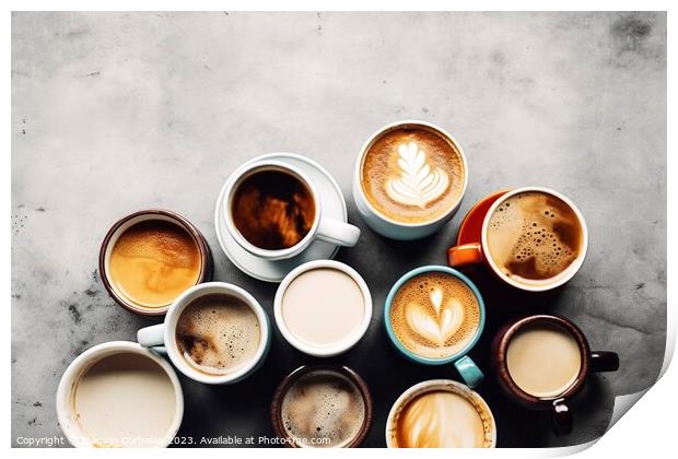 Several cups of coffee seen from above, caffeinated as ergogenic Print by Joaquin Corbalan