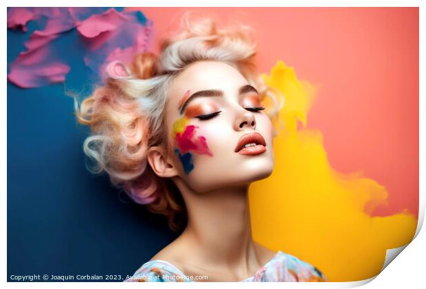 Young female model with colorful makeup against a vibrant painte Print by Joaquin Corbalan