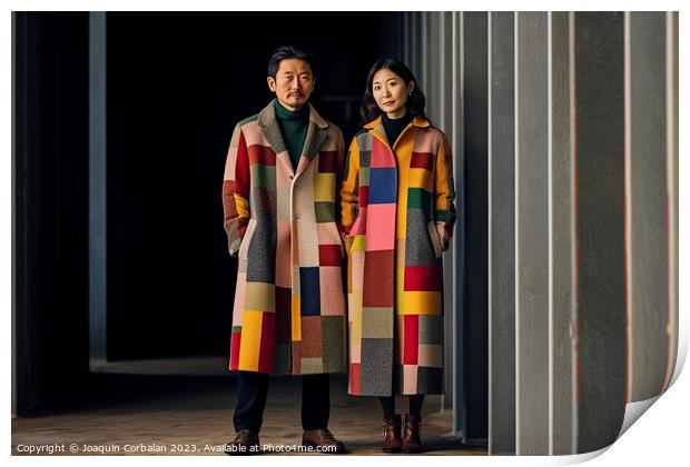 An adult Japanese couple, wearing colorful clothes, posing serious and relaxed Ai generated. Print by Joaquin Corbalan