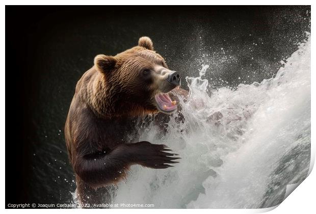 A bear tries to catch a salmon that jumps in a stream. Ai genera Print by Joaquin Corbalan