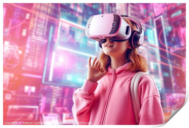 oung girl explores virtual reality shopping experience with futuristic glasses. AI Generated Print by Joaquin Corbalan