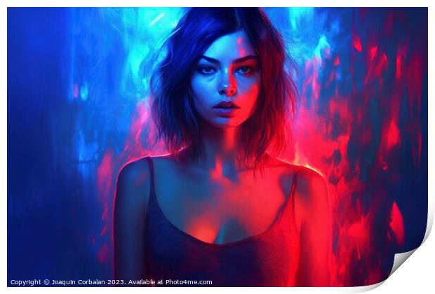 Illustration of a sexy woman wrapped in neon lights and spilled paint. Ai generated. Print by Joaquin Corbalan