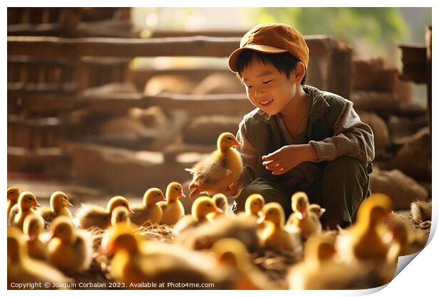 farm boy gently cradles the precious newborn chicks in his hands, savoring the magic of life on the farm. AI Generated Print by Joaquin Corbalan