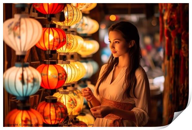 Vietnamese woman orders the lit lanterns at a street stall. Ai g Print by Joaquin Corbalan