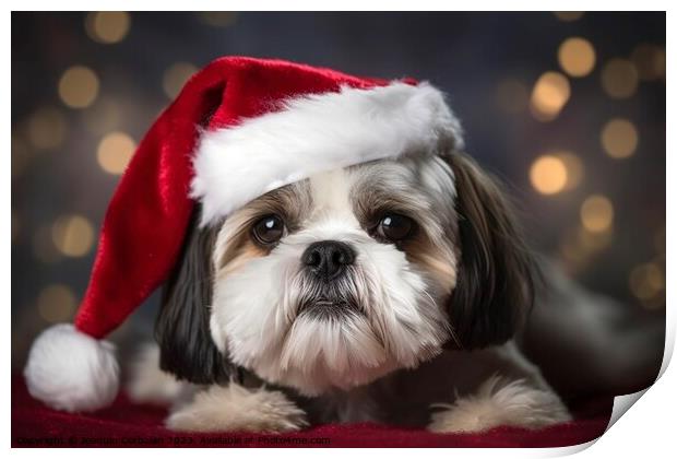 Nice dog with a christmas hat, posing on red backg Print by Joaquin Corbalan