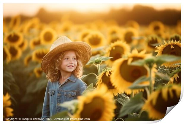 Boy playing among the sunflowers on a nice summer afternoon.Fict Print by Joaquin Corbalan