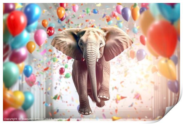 A light elephant floating with colored balloons. A Print by Joaquin Corbalan