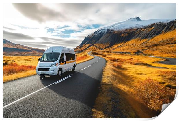 Embarking on a family vacation adventure, a campervan drives along a breathtaking mountain road with snow-capped peaks. Print by Joaquin Corbalan