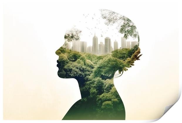 On a white background, the silhouette of a woman filled with a forest, double exposure, with the environmental concept. Print by Joaquin Corbalan