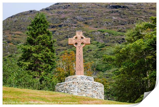Christian, wooden cross in the countryside, Celtic style, in Ireland. Print by Joaquin Corbalan
