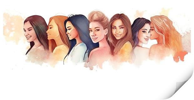 A colorful watercolor drawing depicting a diverse group of young women, symbolizing feminism and empowerment, against a blank background Print by Joaquin Corbalan