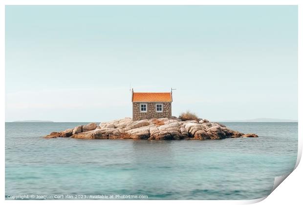 The rise in sea level leaves a small house on a promontory isolated. Print by Joaquin Corbalan