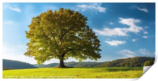 In the serene countryside, a majestic maple tree stands tall in a lush meadow under a captivating blue sky Print by Joaquin Corbalan
