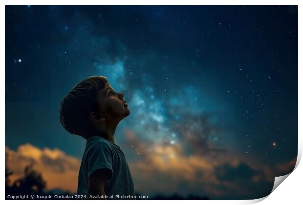Child marvels at the beautiful starry sky on a sta Print by Joaquin Corbalan