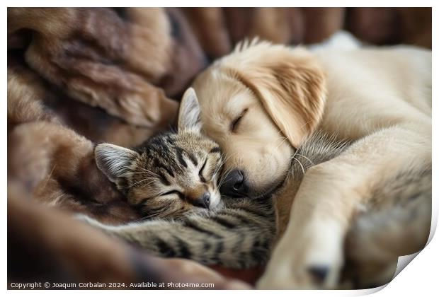 A dog puppy and a kitten sleep together as compani Print by Joaquin Corbalan