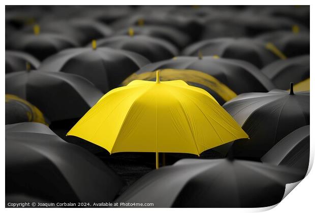A yellow umbrella stands out from the ordinary crowd. Concept of standing out among many. Print by Joaquin Corbalan